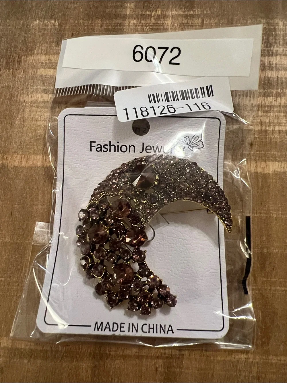 3/$18 Fashion Jewelry Gold-Tone Crescent Moon Brooch with Brown Crystals - 6072